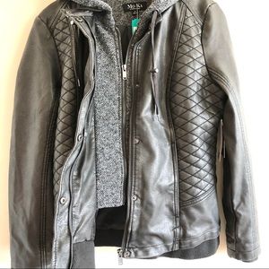 meriam knit hood faux leather jacket